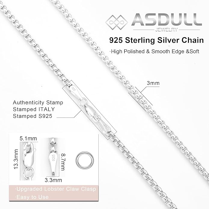 925 Sterling Silver Box Chain 2/3/4/5mm Necklace for Men Silver Link Chain for Women 16/18/20/22/24/26/30 Inches