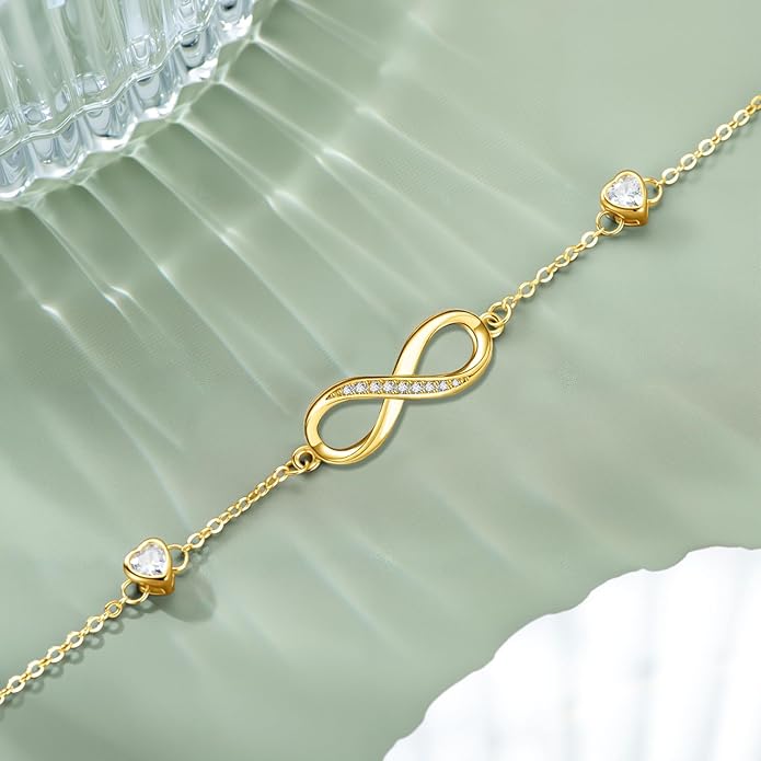 Dorunmo Infinity Bracelet Mom Bracelet 925 Sterling Silver 14K Gold Plated Infinity Heart Anklet for Women Christmas Jewelry Gifts for Wife Mom Daughter