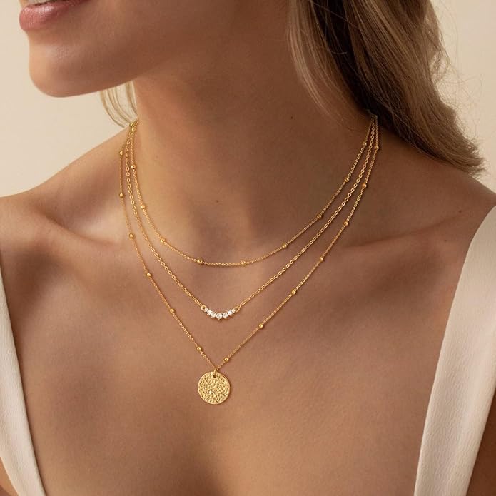 CHESKY 14K Gold Plated Layered Necklaces for Women,Dainty Gold/Silver Plated Chain Necklace CZ Pendant Necklace Adjustable Layering Choker Necklace jewelry Gifts