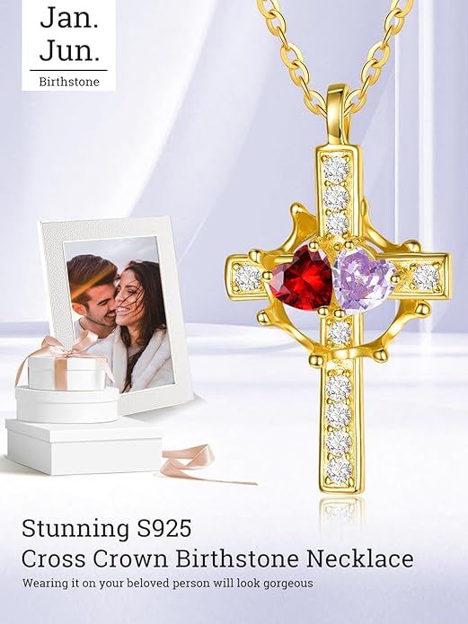 Zeuslia Double Birthstone Necklace Gifts for Wife - 925 Sterling Silver Sunflower/Rose/Crown Cross/Compass/Heart Pendant I Love You Necklace, Anniversary Birthday Gifts for Wife Girlfriend Mom Her