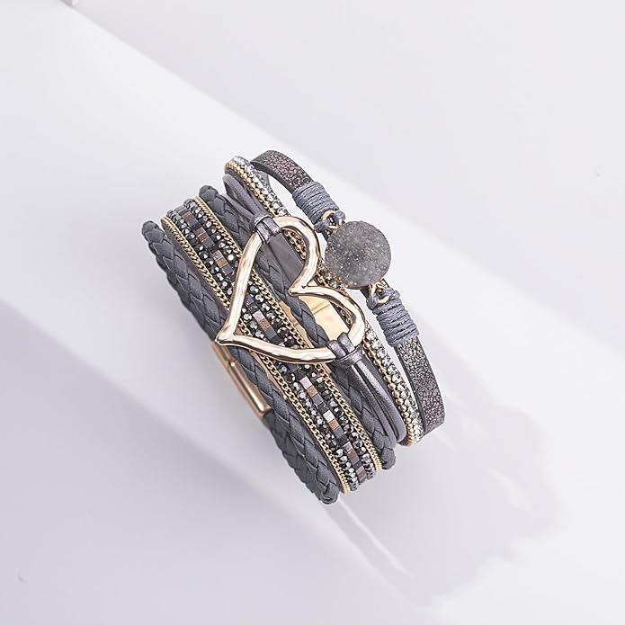 FANCY SHINY Heart Leather Wrap Bracelets Stackable Boho Cuff Bangles Trendy Resin Stone Rhinestone Bracelets with Magnetic Clasp for Women