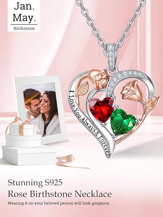 Zeuslia Double Birthstone Necklace Gifts for Wife - 925 Sterling Silver Sunflower/Rose/Crown Cross/Compass/Heart Pendant I Love You Necklace, Anniversary Birthday Gifts for Wife Girlfriend Mom Her
