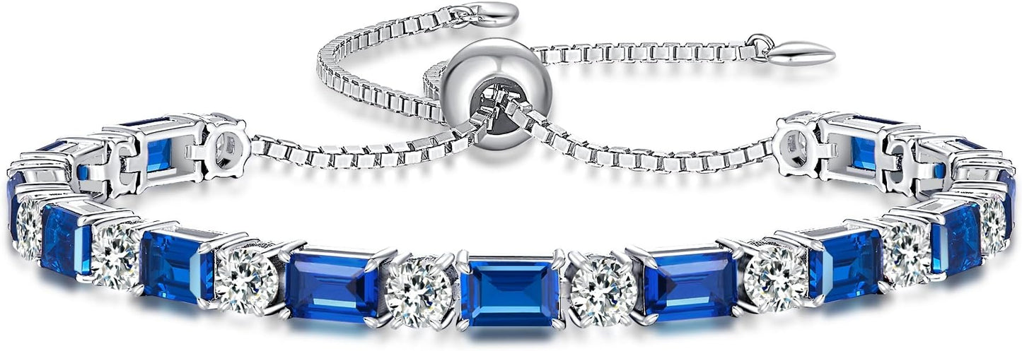 Birthstone Tennis Bracelets for Women White Gold Sterling Silver Gemstone Bracelets Adjustable Chain 6-9 Inchs Jewelry Anniversary Birthday Gifts for Women Mom Wife Her