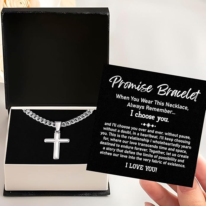 FLAGISTA Promise Cross Necklace for Him – Stainless Steel Cross Pendant with Cuban Link Chain, Meaningful Promise Gift for Husband, Boyfriend or Loved One.