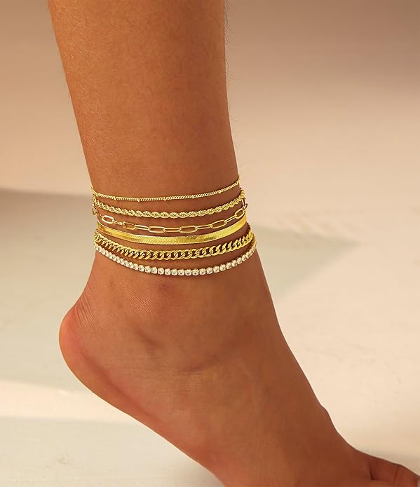 DEARMAY 14K Gold Plated Ankle Bracelets for Women Waterproof - Dainty 6Pcs Anklets Layered Cuban Link Chain Herringbone Cute Anklets Set Pack Summer Beach Jewelry Gift for Women Teen