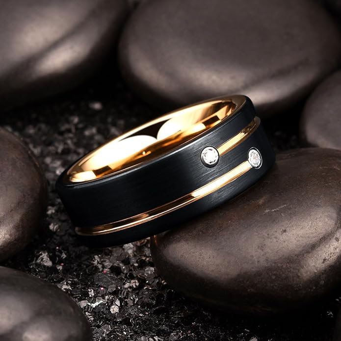 King Will Mens Tungsten Wedding Band with Cubic Zircon Inlay 7mm/8mm Flat Cut Comfort Fit Engagement Rings