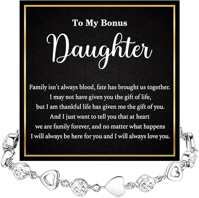 To My Bonus Daughter Heart Bracelet Gift, Beautiful Bonus Daughter Jewelry From Step Mom Dad With Message Card and Box Meaning, Christmas Graduation Birthday Gifts, To My Stepdaughter Bracelet