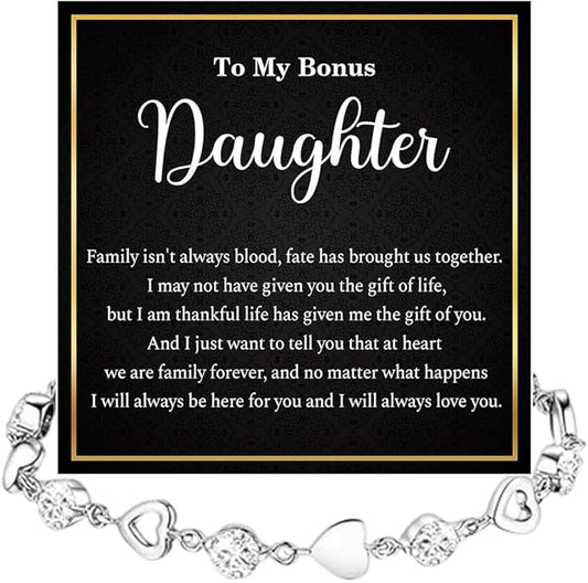 To My Bonus Daughter Heart Bracelet Gift, Beautiful Bonus Daughter Jewelry From Step Mom Dad With Message Card and Box Meaning, Christmas Graduation Birthday Gifts, To My Stepdaughter Bracelet