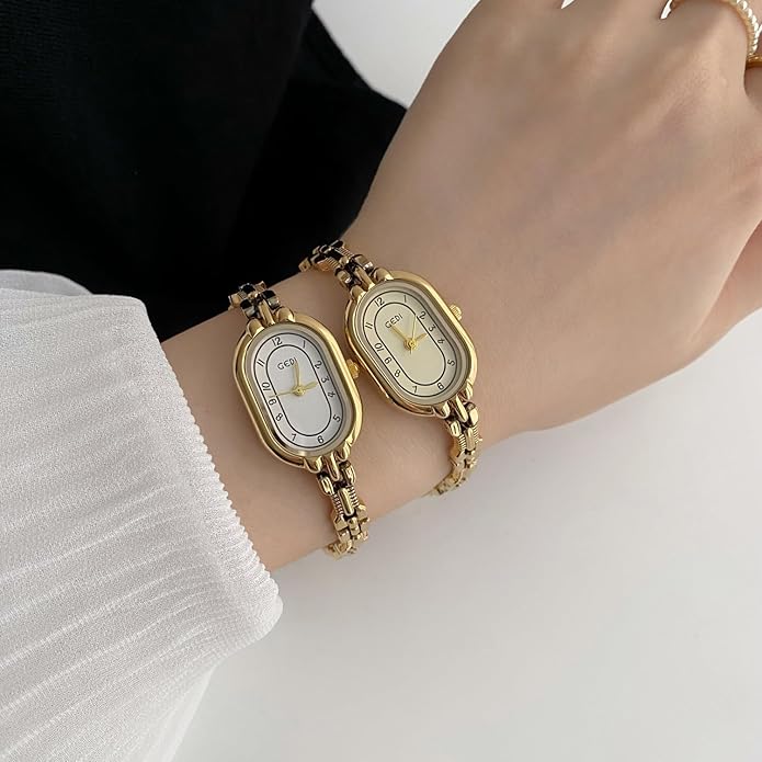 Women's Vintage Oval Watches Luxury Minimalism Bracelet Small Gold Tone Watch Ladies Analog Waterproof Watch Fashion Bangle Bracelet Dress Watch with Stainless Steel Band