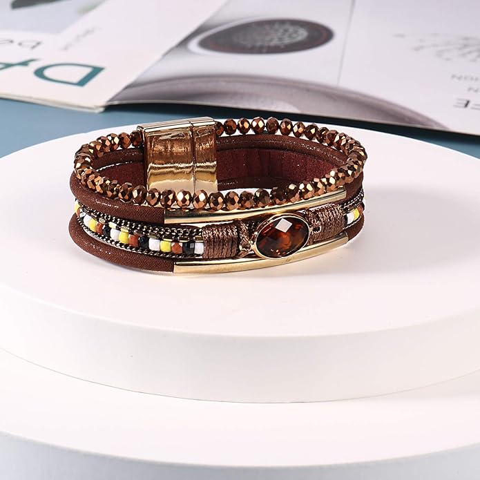 FANCY SHINY Leather Wrap Bracelets Crystal Beads Bracelet Boho Cuff Stone Charm Bracelets with Clasp Costume Jewelry for Women