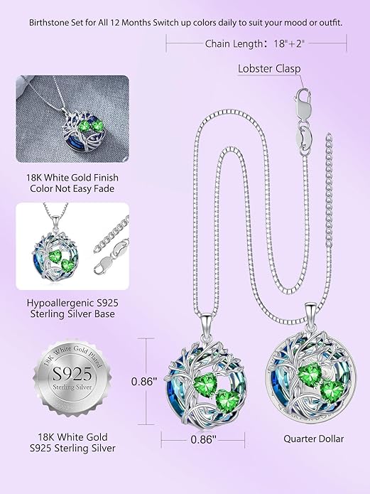 TOUPOP s925 Sterling Silver Family Celtic Tree of Life Pendant Necklaces with 2 Heart Birthstone with Blue Austrian Crystal Jewelry Birthday Anniversary Christmas Gifts for Her Wife Girlfriend Mom (18K Real White Gold Filled)