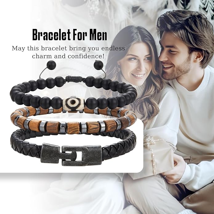 3pc Mens Beaded Bracelets Silver Stainless Steel Chain Bracelet for Men Handmade Braided Bracelet Sets Jewelry Gifts for Men
