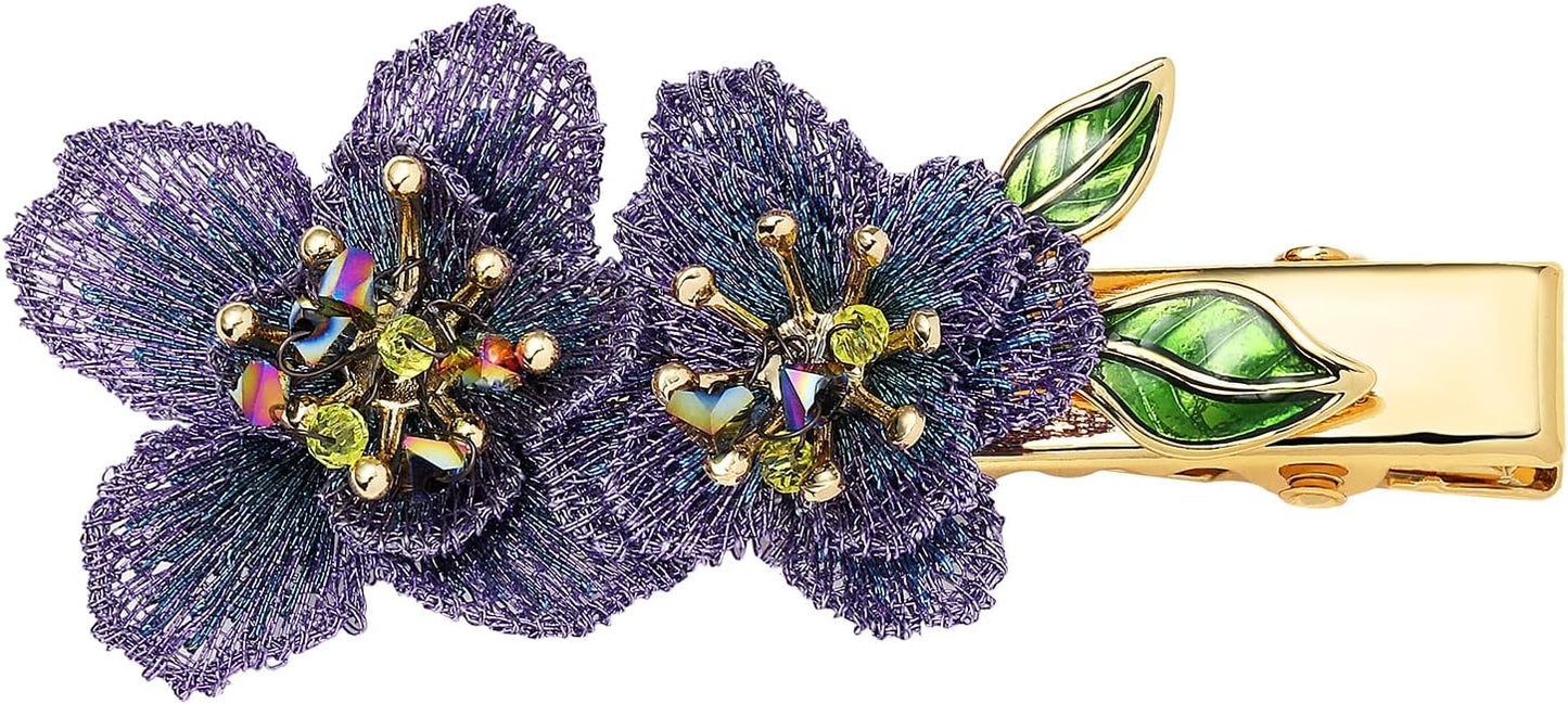 Forget me not Flower Brooch Handmade Gold Thread Embroidered and hand-Drip Enamel leaf, Gradient Botanical Floral Brooch pins for women, SHE'S FREE STYLE JUST FOR YOU [Bencao Gangmu Series]Vintage Plant Jewelry