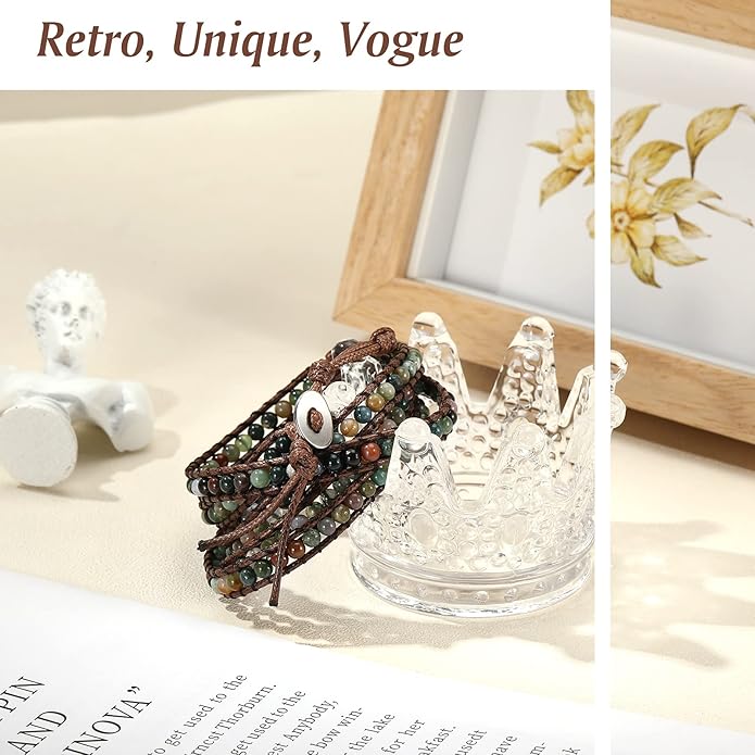 Emibele Layered Leather Bracelet, Rivet Leopard Print Bohemian Style Multilayer Wrap Bracelet, Handmade Agate Amethyst Chakra Crystal Glass Beaded Shell Bracelet for Women