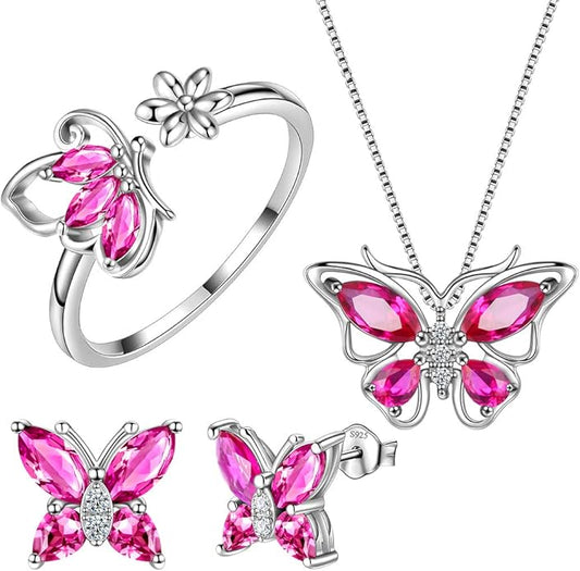 Aurora Tears Butterfly Jewelry,Women 925 Sterling Silver Butterflies Birthstone Pendant Necklace/Earrings/Rings Wedding Gift