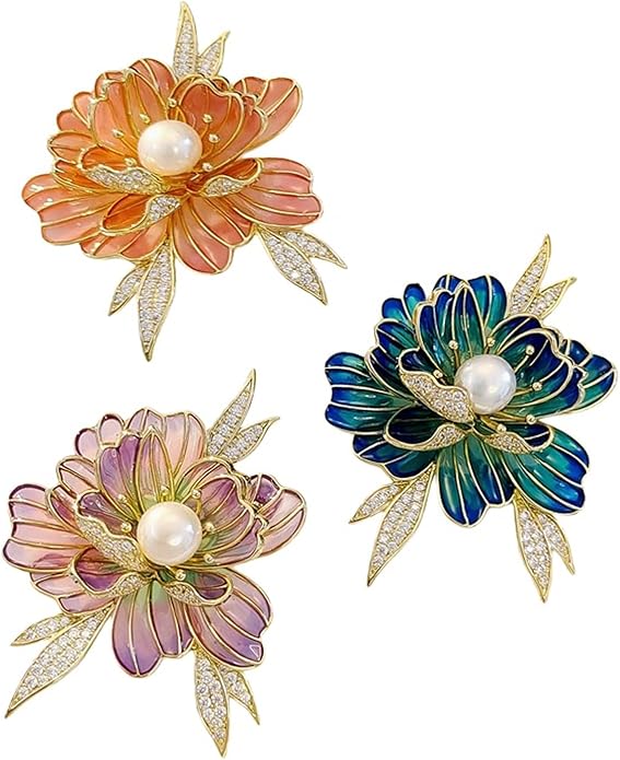 3Pcs Peony Flower Brooch Pin for Women Elegant Enamel Floral Brooch Set Dainty Cubic Zircon Pearl Lapel Pins Flower Pins for Clothes Hat Dress Accessories Prom Jewelry