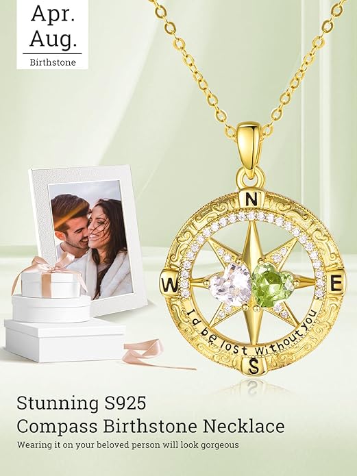 Zeuslia Double Birthstone Necklace Gifts for Wife - 925 Sterling Silver Sunflower/Rose/Crown Cross/Compass/Heart Pendant I Love You Necklace, Anniversary Birthday Gifts for Wife Girlfriend Mom Her