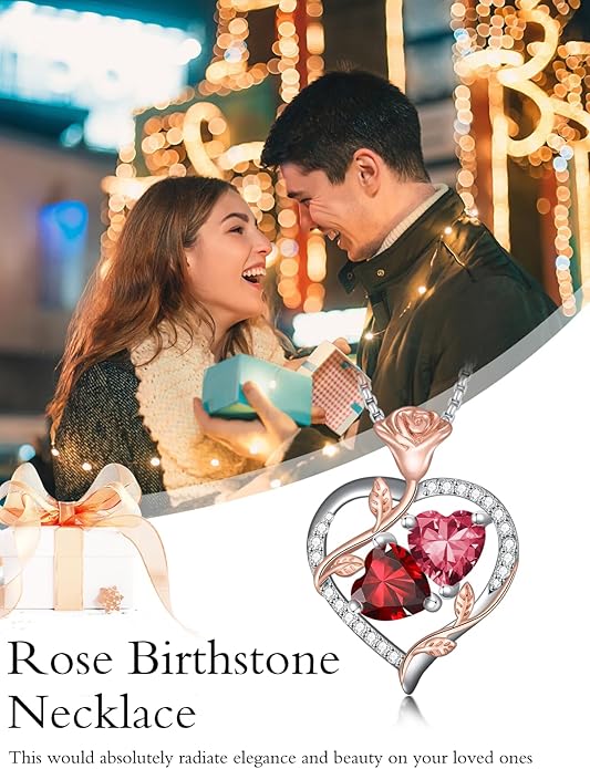 Christmas Gifts for Women Rose Heart Birthstone Pendant Necklace I Love You Forever Jewelry Valentine Mothers Day Birthday Gifts for Women Her Wife Girlfriend
