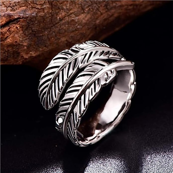 Sterling Silver Feather Ring with Black Onyx & Turquoise - Adjustable Stacking Vintage Statement Ring for Women & Men
