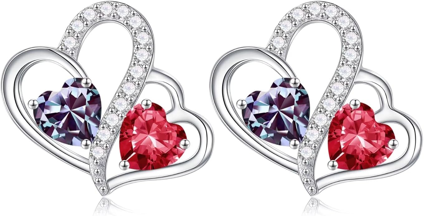 Iefil Valentines Day Gifts for Her - Birthstone Earrings Gift for Women, 925 Sterling Silver Double Heart Birthstone Earrings | Anniversary Birthday Gifts for Women, Personalized Jewelry for Wife Mom