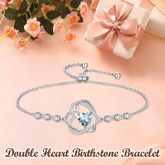 TOUPOP Heart Birthstone Bracelet 925 Sterling Silver Double Heart Bracelet Love You for Always and Forever Jewelry Anniversary Birthday Christmas Gifts for Women Wife Her