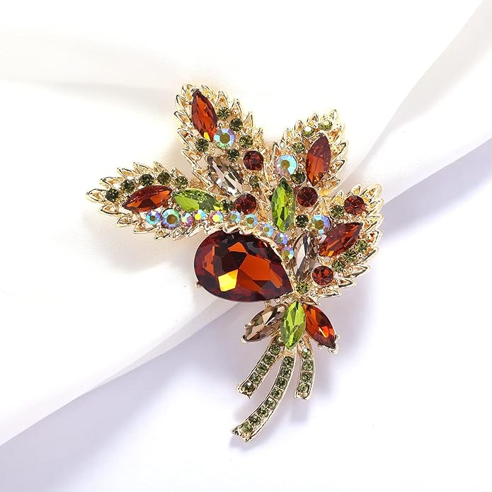 YOQUCOL Big Large Brooch Pin Austrian Crystal Leaf Shape Bouquet Rhinestone Scarf Decoration Wreath Cloth Brooches Pins For Women Girls