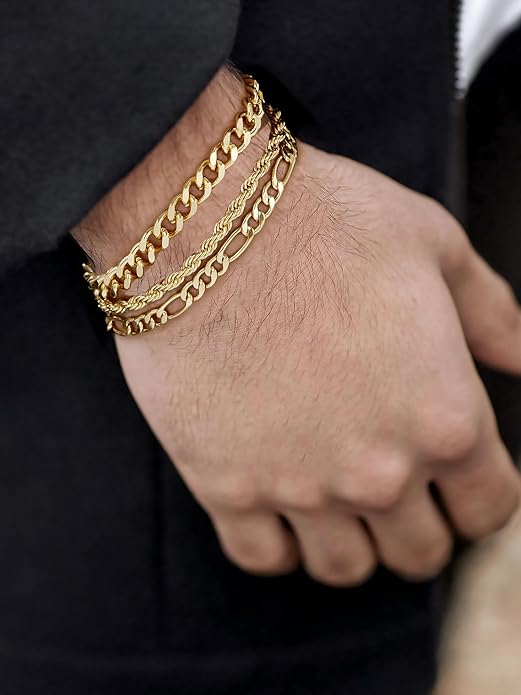 3 PCS Silver Bracelets for Men 925 Sterling Silver/14K Gold Palted Cuban Link Chain Bracelet Figaro Rope Bracelet Set Mens Jewelry Gifts for Dad Husband Boyfriend 7.5/8.2 Inches