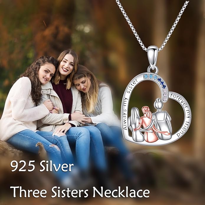 AOBOCO Gifts for Sister 2 3 Sisters Necklace for Women Sterling Silver Sister Crystal Pendant Jewelry Birthday Christmas Gifts for Friend Female Friendship Lasts Forever