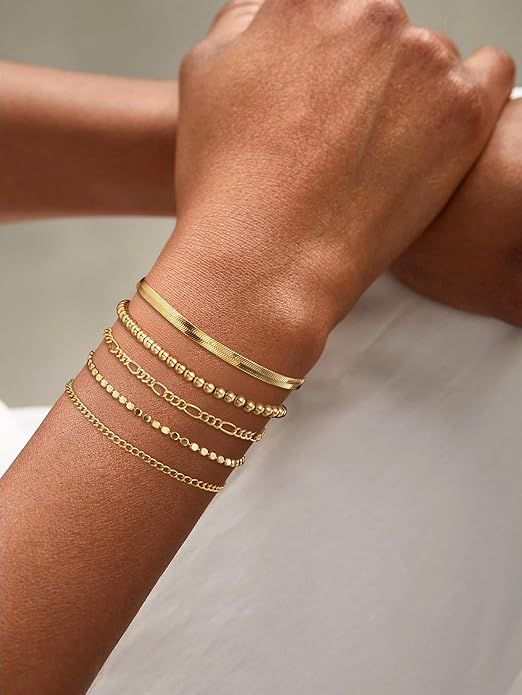 DEARMAY 14K Gold Plated Bracelets for Women Waterproof, Jewelry Sets Trendy Thin Dainty Stackable Cuban Link Paperclip Chain Bracelet Pack Fashion Accessories Gifts for Womens