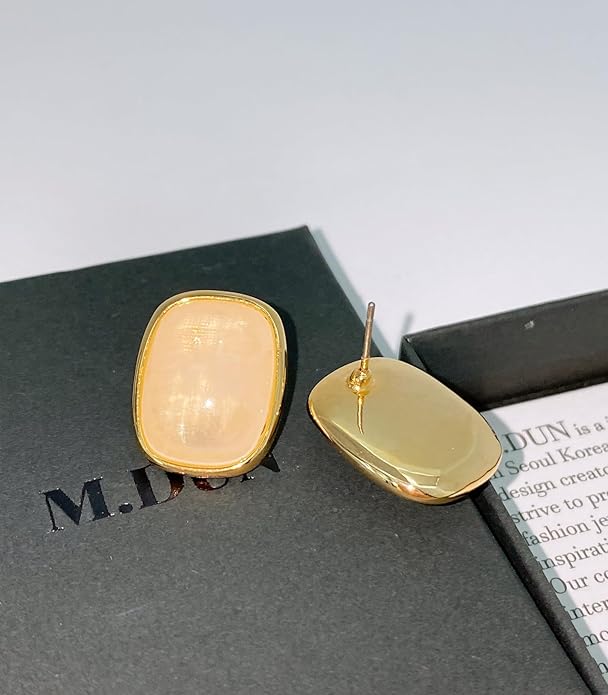M.DUN- Round Edges Rectangle Shape Studs Earring. Abalone Amber Turquoise Resin Stone Design, 18k Real Gold Plated Bezel, Hypoallergenic Gorgeous Gift for Women