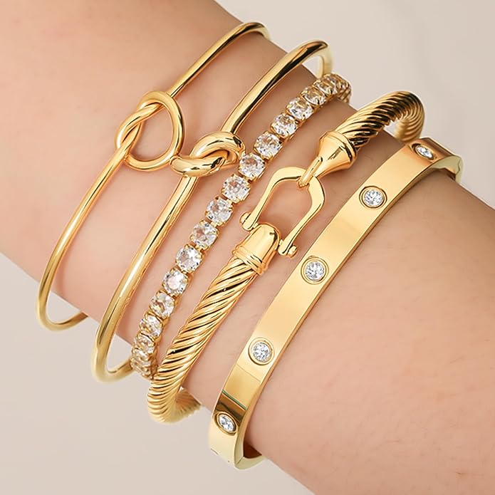 FAFUGA 18 K Gold Plated Love Bangle Bracelet Stack Cuff Jewelry for Women Jewelry Set for Women Gift with Box