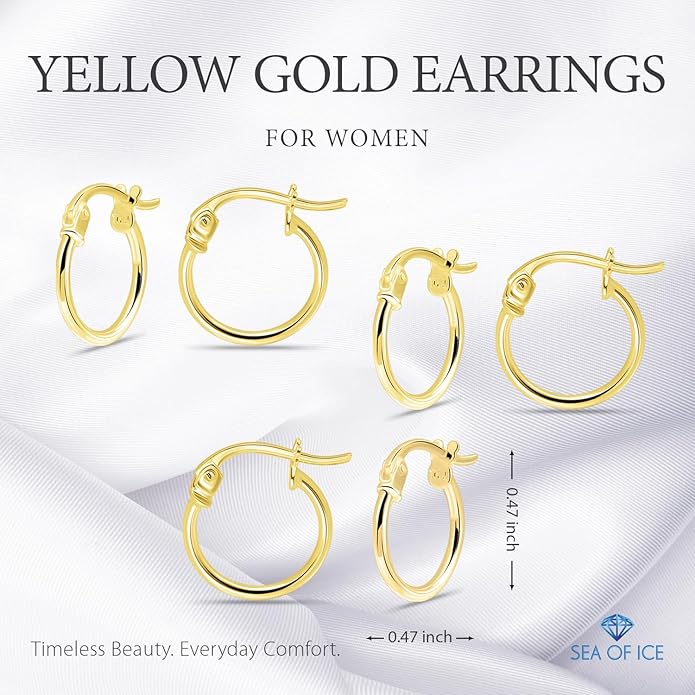 SEA OF ICE 925 Sterling Silver Hoop Earrings for Women - Hypoallergenic Earrings for Women in Sterling Silver, Yellow Gold, Rose Gold or Black Rhodium | Sizes 12MM, 15MM, 20MM or Multipack
