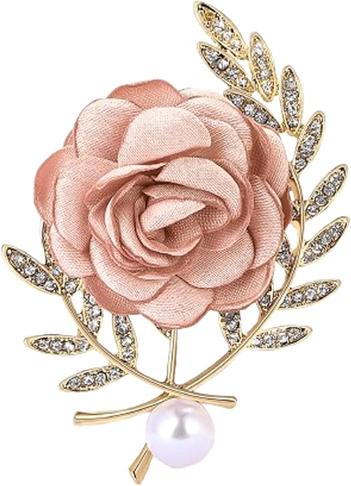 Rose Brooch for Women,Dainty Satin Fabric Flower Lapel Pins Vintage Elegant Pearl Brooches Handmade Crystal Pearl Pins Silk Camellia Safety Collar Pin Dress Suit Accessories Wedding Bridal Bouquet Jewelry