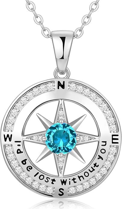 Zifeel Compass Necklace Gifts for Women wife - S925 Sterling Silver Birthstone Necklaces for Women - Anniversary Birthday Gifts for Her Wife Girlfriend - Valentines Mom Mothers Day Christmas Gifts Jewelry for Women