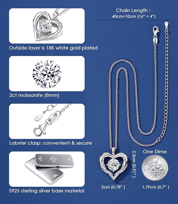 Beam & Bask 2-3 Ct Moissanite Heart Necklaces for Women, 18K Gold Plated Romantic Pendant for Anniversary Birthday, 925 Sterling Silver Jewelry for Wife Girlfriend Mom Her