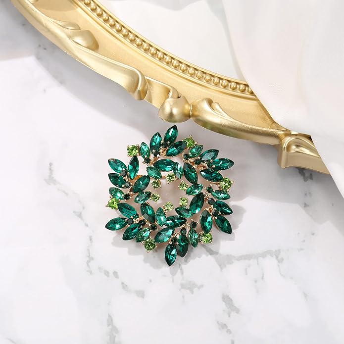 BriLove Austrian Crystal Rhinestone Elegant Flower Marquise Wreath Brooches for Women