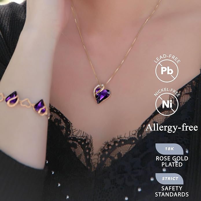 Leafael Rose Gold Plated Necklace for Women: Heart Shaped Birthstone/Healing Crystals Center, Dazzling Cubic Zirconia, Hypoallergenic Chain (18"+2"), Jewelry Gifts for Anniversaries and Birthdays