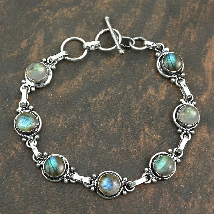 Round Shape Natural & Synthetic Gemstones Silver Plated Bracelets for Women - Vintage Bohemian Style Handmade Birthstone Adjustable Link Bracelet Jewelry Gifts for Wedding Anniversary Mother's Day