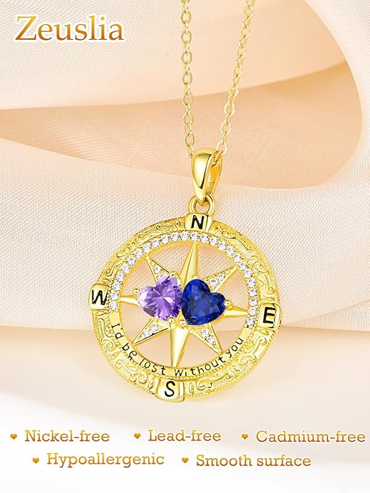 Zeuslia Double Birthstone Necklace Gifts for Wife - 925 Sterling Silver Sunflower/Rose/Crown Cross/Compass/Heart Pendant I Love You Necklace, Anniversary Birthday Gifts for Wife Girlfriend Mom Her
