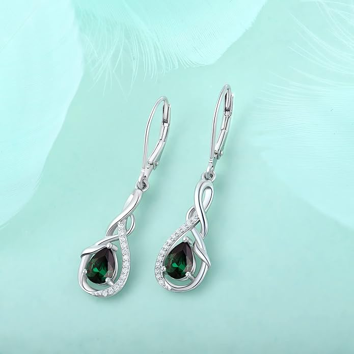 STARCHENIE 925 Sterling Silver Necklace Dangle Earrings for Women Infinity Twisted Teardrop Pendant May Birthstone Created Emerald Jewelry Set