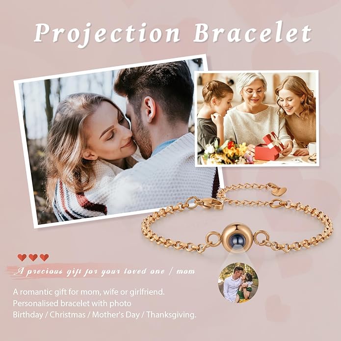 ROSI Personalized Bracelets with Picture Inside, Custom Projection Bracelets with Photos, Picture Bracelet Personalized Photo Gifts, Memorial Gifts for Women Mom Family Couple Girl