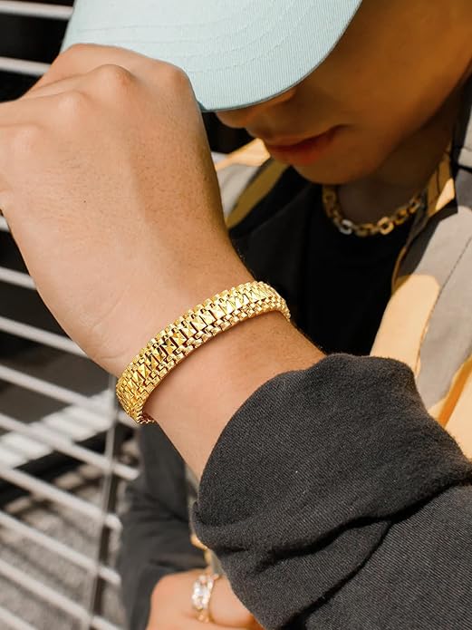 U7 Link Bracelets for Men, Cuban Link/Rope/Watch Band Solid Bracelet, Silver Black Gold Color Wrist Bracelet 3/6/9/12/15mm Width, 6.5/7.5/8.3 Inch Length, Hand Chain Jewelry for Mens Women