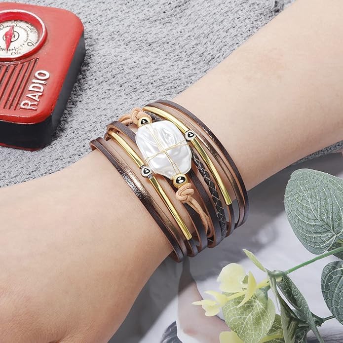 Fesciory Leather Wrap Bracelets for Women, Boho Leopard Multi-Layer Crystal Beads Cuff Bracelet Jewelry