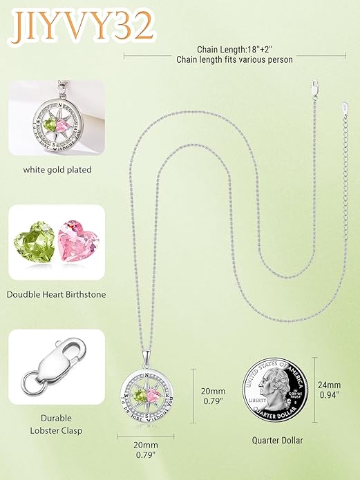 Compass Birthstones Necklace for Women, Exquisite Anniversary Birthday Gifts for Wife Her Double Birthstone Pendant jewelry ‘I'd be Lost Without You’