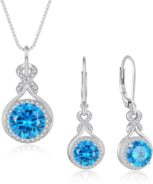 Aquamarine Infinity Jewlery Set for Women, 925 Sterling Silver Necklaces and Earrings Halo March Birthstone Jewelry Gift for Birthday Anniversary