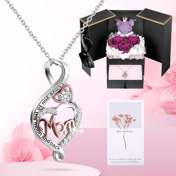 ADDWel Gifts for Mom from Daughter and Son, Unique Mom Birthday Gift Idea, Preserved Real Roses with Sterling Silver Mom Necklace, Cool Present to Mother Mama