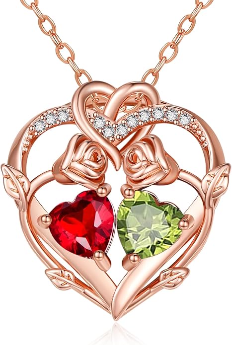 Rose Gold Necklaces for Women Double Birthstone Rose Flower Heart Pendant Necklace Jewelry Anniversary Christmas Valentine's Mother's Day Birthday Gift for Wife Mom Her Girlfriend Sister