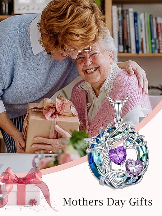 TOUPOP s925 Sterling Silver Family Celtic Tree of Life Pendant Necklaces with 2 Heart Birthstone with Blue Austrian Crystal Jewelry Birthday Anniversary Christmas Gifts for Her Wife Girlfriend Mom (18K Real White Gold Filled)