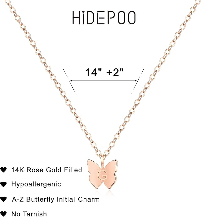 Hidepoo Initial Butterfly Necklace for Girls Gifts, 14K Gold/Silver/Rose Gold Filled Dainty Butterfly Pendant Choker Necklace Initial Butterfly Necklace Birthday Gifts for Girls