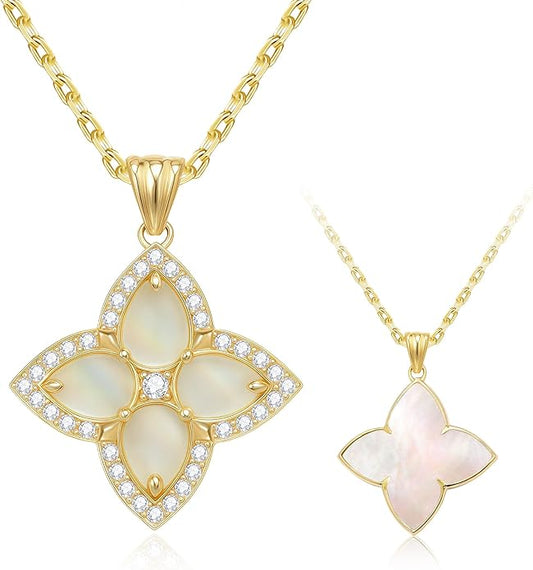S925 Women's Sterling Silver Pendant Necklace - Classic Mother Pearl Four-Leaf Flower Necklace with Cubic Zircon, Hypoallergenic Fine Jewelry Gift